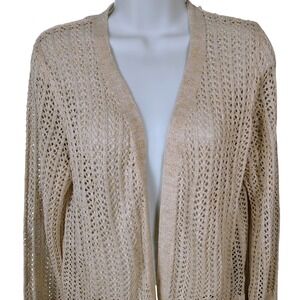 80 Park Gold Metallic Pointelle Open Front Crochet Knit Cardigan Sweater twee